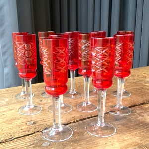 Set of 11 glasses, Cranberry Cut to Clear vintage liquor- digestif glasses.