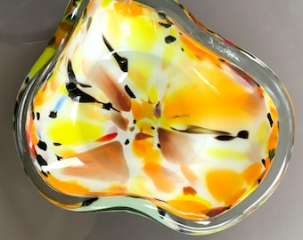 Mid-century multi-color serving bowl. Vintage hand-blown glass vase. Art deco large bowl. Heavy glass vase