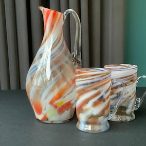 Handmade, Hand Blown Glass Old Vintage Retro Multicolor Glass Pitcher and Mug, Set of 3, Coloured Glass Jug,  Color Glass Pitcher. (#14)