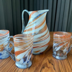 Handmade, Hand Blown Glass  Old Vintage Retro Multicolor Glass Pitcher and Mug, Set of 4 Coloured Glass (#81Jug,  Color Glass Pitcher. (#17)