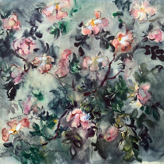 DZIDRA BAUMA オリジナル水彩画：花のファインアート、サイン入り