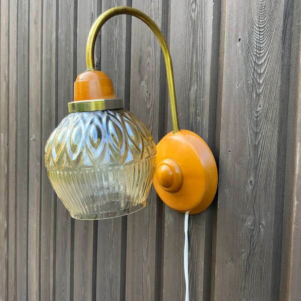 Vintage wood glass Wall Light Sconce, Retro Glass lamp, mid-century wall light, Soviet Vintage