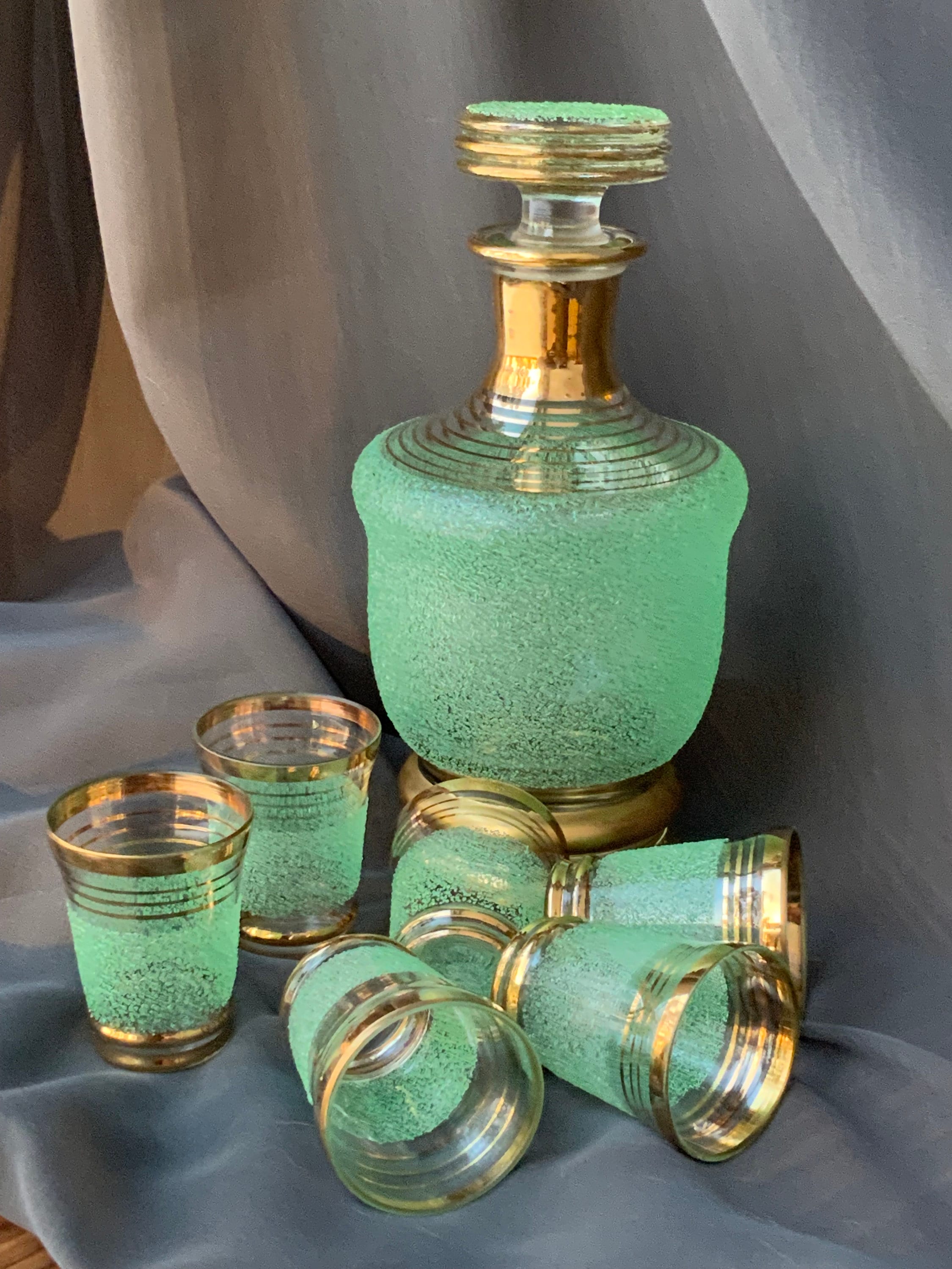 Vintage Green Glass Decanter Set: Gold Trimmed Shot Glasses, USSR
