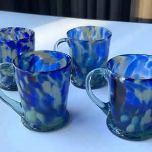 Handmade Old Vintage Retro Blue Multicolor Glass Cups, Set of 4, Coloured Glass, Blue Color Glass cups