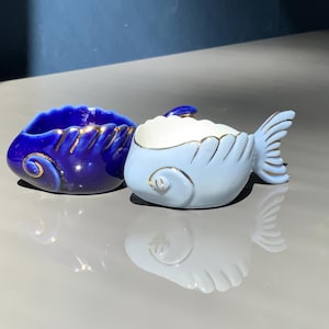 2x Caviar fish, spice dishes, porcelain cobalt fish, gold trim USSR, Soviet-era, for black caviar, Salmon roe. Set of two fishes.
