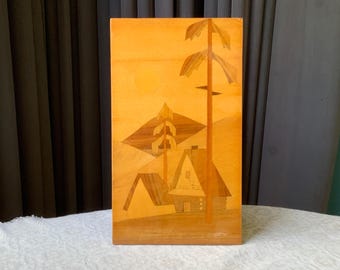 Vintage Marquetry Wooden Plaque: Inlaid Intarsia Wall Decor, 1970s