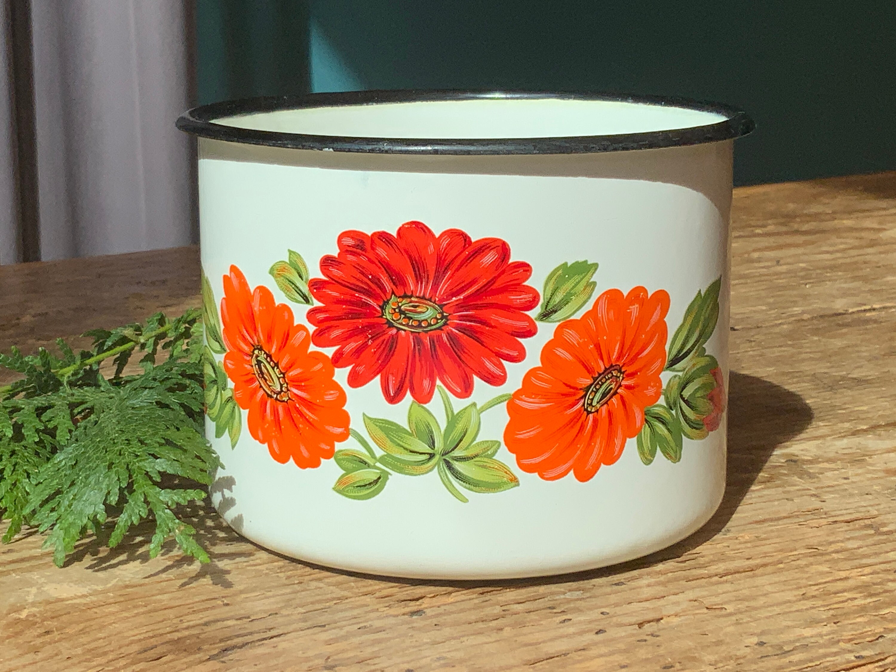 Big enamel mug with flowers on the side ,Travel mug, Camping cup, Retro kitchen decor  USSR 1970s
