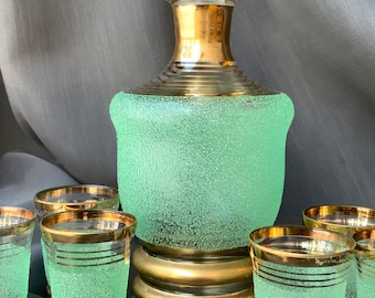 Vintage Green Glass Decanter Set: Gold Trimmed Shot Glasses, USSR