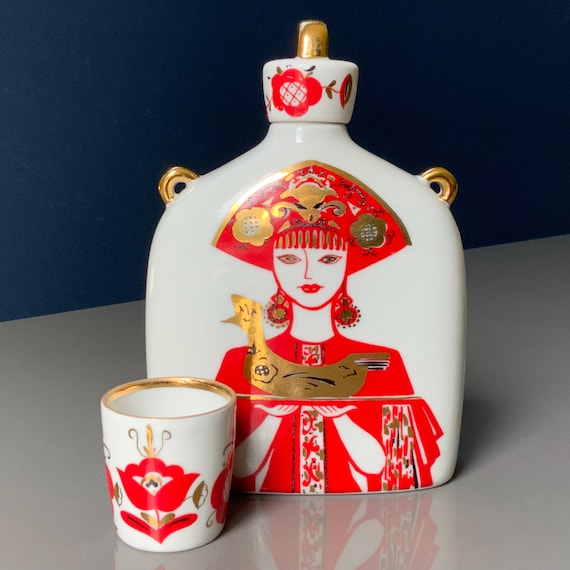 Lomonosov Porcelain Vodka Decanter: Rooster & Woman Design, 1950s