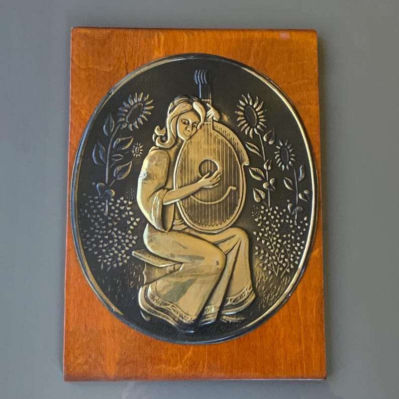 Copper Chasing Plaque, Girl With Bandura, Wood Base Wall Art (1970s-80s ...