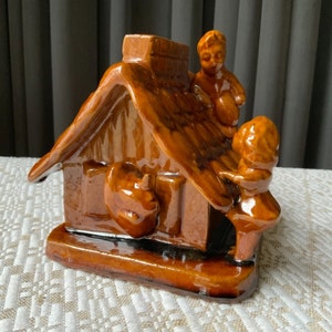 Piggy bank, house shape with kids,clay piggy bank, coin bank, money box, Christmas gift.