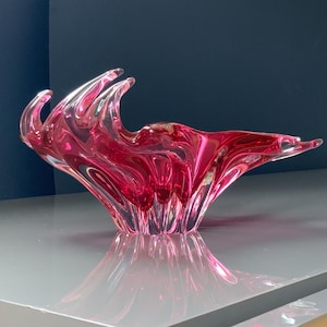 Bohemian Heavy Art Glass Vase, pink glass, Vintage Bohemian Czech Heavy glass bowl