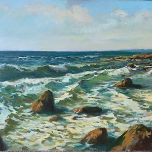 May include: A painting of a seascape with green and blue waves crashing against rocks. The sky is a light blue with white clouds.