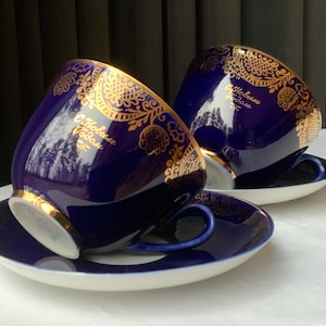 Lomonosov LFZ Imperial Porcelain, with the inscription &quot;Happy New Year&quot;/ &quot;С Новым годом&quot; Set of 2x Cobalt Blue High-Quality Tableware # 362