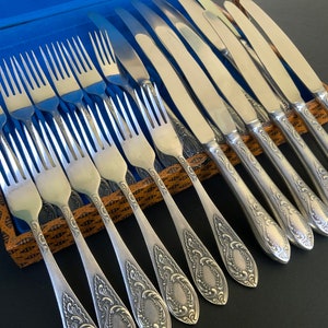 Unused 24x Vintage silverware Melhior cutlery set silver plated knives and forks Antique kitchen flatware set in box Degtyaryov Plant ZID