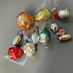 A very small Set of 11 pcs miniature Christmas ornaments Xmas tree baubles New Year hanging decor for small trees Vintage from the 70s