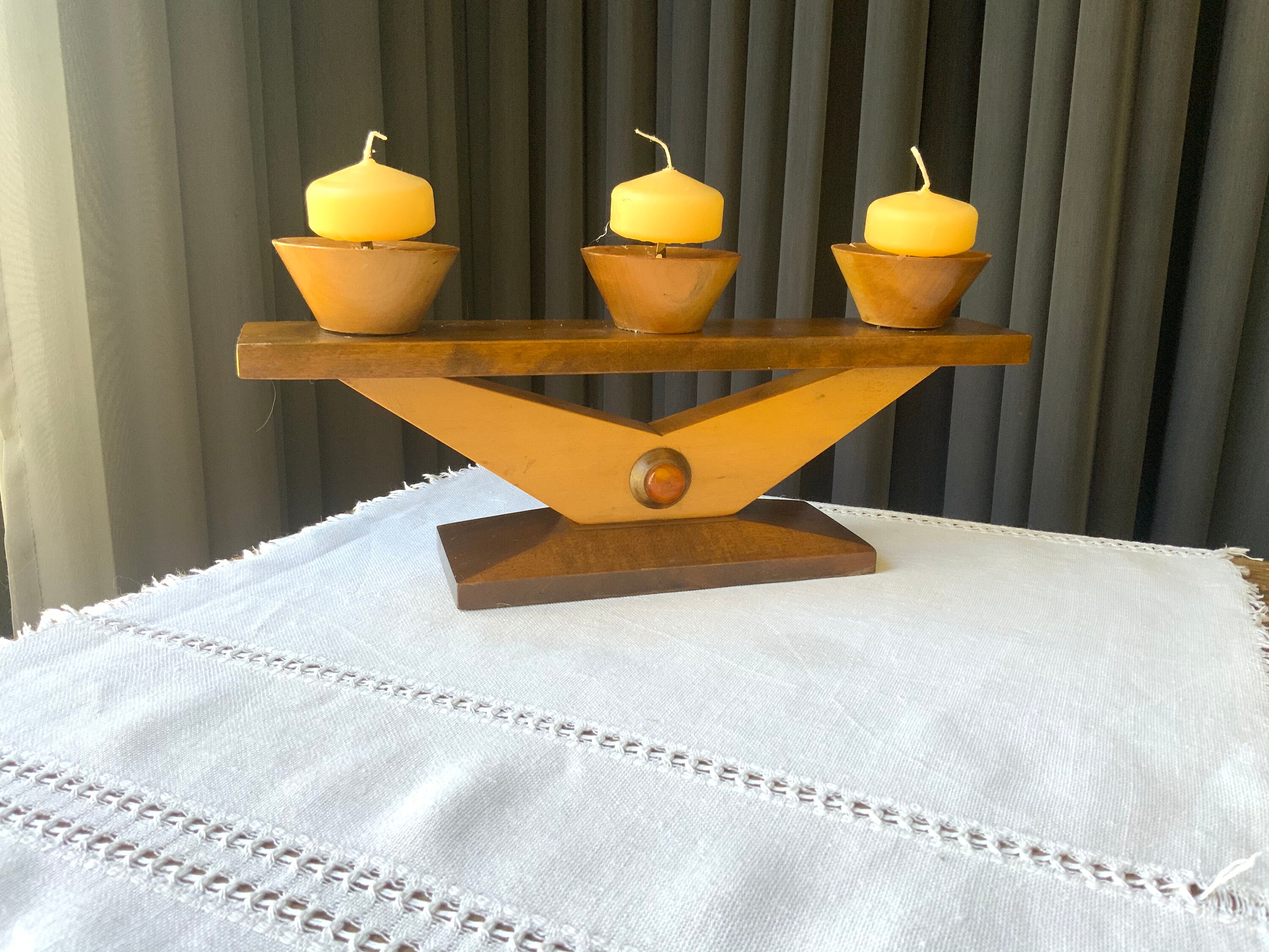 Rustic Wooden Candle Holder With Three Arms and Amber Vintage Etsy