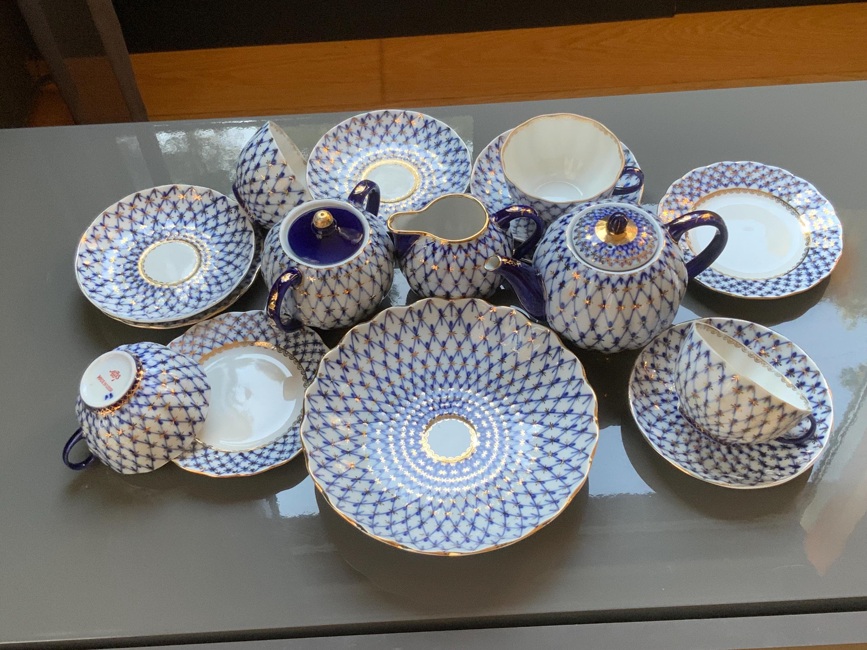 Vintage Łomonosow Imperial Porcelain Cobalt Net Tea Trio