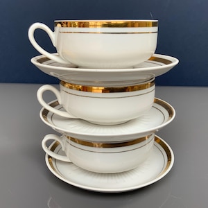 3 Duo, Vintage Riga Porzellanfabrik Kaffee-Tee SET "SAULITE", Teetasse, Untertasse, dünnes Porzellan, Lettland Riga RPR, Goldzierleiste 60er Jahre