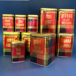 Frascos de especias de hojalata vintage de la URSS: cajas nido rojas, negras y doradas