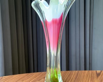 Vase Pink Vintage glass Czech glass artwork by Bohemia, 50s-60s,