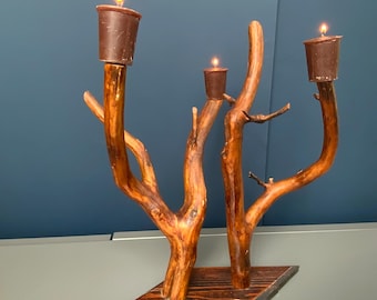 Rustic wooden candle holder with three arms. Vintage VTG, Primitive farmhouse decor, handmade, handcrafted wooden candle holder.