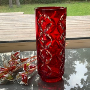 Vintage Ruby Red Glass Vase 8.8in Tall Mid 20th century Cranberry cut to clear Vase