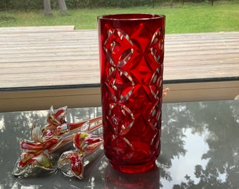 Vintage Ruby Red Glass Vase 8.8in Tall Mid 20th century Cranberry cut to clear Vase