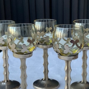Vintage Art Deco Yellow Liqueur Glasses with Metal Stand, Set of 5