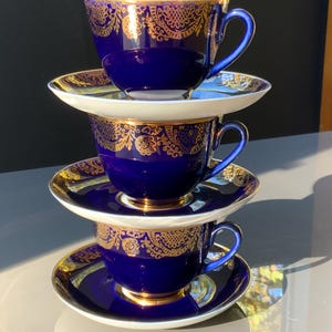 Lomonosov LFZ Imperial Porcelain Set of 3 Cobalt Blue Vintage Cups and Saucers High-Quality Tableware (# 279 )