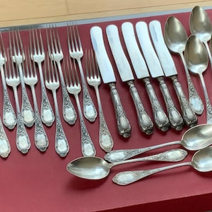 Lovely antique 25x, 7x soup Spoons, 12x Forks and 6x Knives, antique flatware, stainless steel cutlery, from the 1937s Art Nouveau (# 541 )