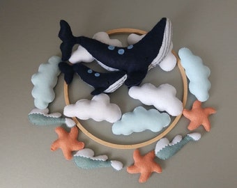 Baby mobile Mother's love Blue Whale Sea waves Ocean Whales Sawed Handmade hanging crib mobile newborn present baby shower gift