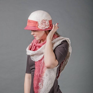 Handmade pink felt hat with matching wool scarf, Boiled wool hat  womens wool cloche hat in pink, Merino wool nuno felted with big flower