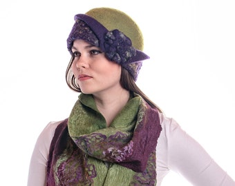 Nuno felted scarf felted wrap , Women warm wool scarf, Women shawl, purple wool silk scarf gift for her, Boho clothing, OOAK eco fe
