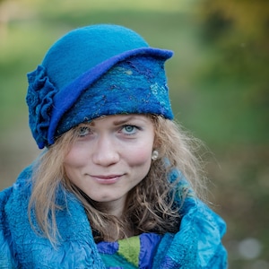 Felted blue cloche hat for woman, Blue Winter cloche hat, Handmade wool hat, elegant hat, the perfect wedding hat or racing event hat.