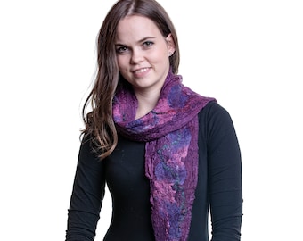 2 in 1 Purple Nuno felted scarf, Felted shawl, Women warm wool scarf, Large wool shawl Women felted wrap, Winter Wrap Shawl, Scarf for gift