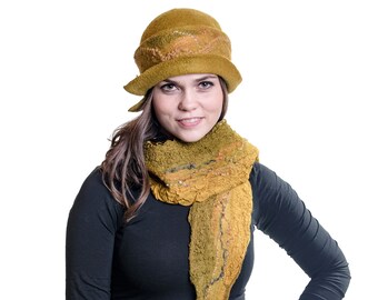 Winter women's hat with felted scarf SET, Cloche winter felted hat, Mustard winter hat, Felted wool hat, Felted Bucket women's winter hat