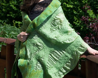 Green Felt Scarf, felted shawl, Silk felt spring shawl, Silk nuno felted scarf, Large felted wool scarf, green scarf, silk felt wrap