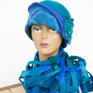 Blue felt cloche hat, Merino wool hat, 1920s womens hat, Antique hat, 50th birthday gift for wife, Handmade Unique Occasion Hat