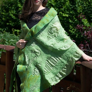 Green Felt Scarf, felted shawl, Silk felt spring shawl, Silk nuno felted scarf, Large felted wool scarf, green scarf, silk felt wrap