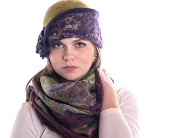 FELTED wool HAT with flower, Purple winter cloche hat and winter scarf combo, Hat and scarf ensemble gift set for women, Winter fashion set