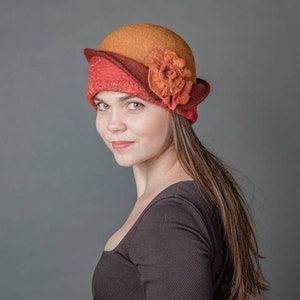 Orange cloche hat with flower winter hat, Merino Wool felted hat chemo hat, Womens cloche hat,  1920s Downton Abbey Cloche hat gift for mom