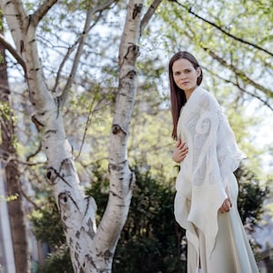 Wedding cover up, White Silk scarf with Nuno felt, Spring Bridal Bolero Shawl, Oversized Wrap Scarf,Bridesmaids Shoulder Wrap. Wedding guest