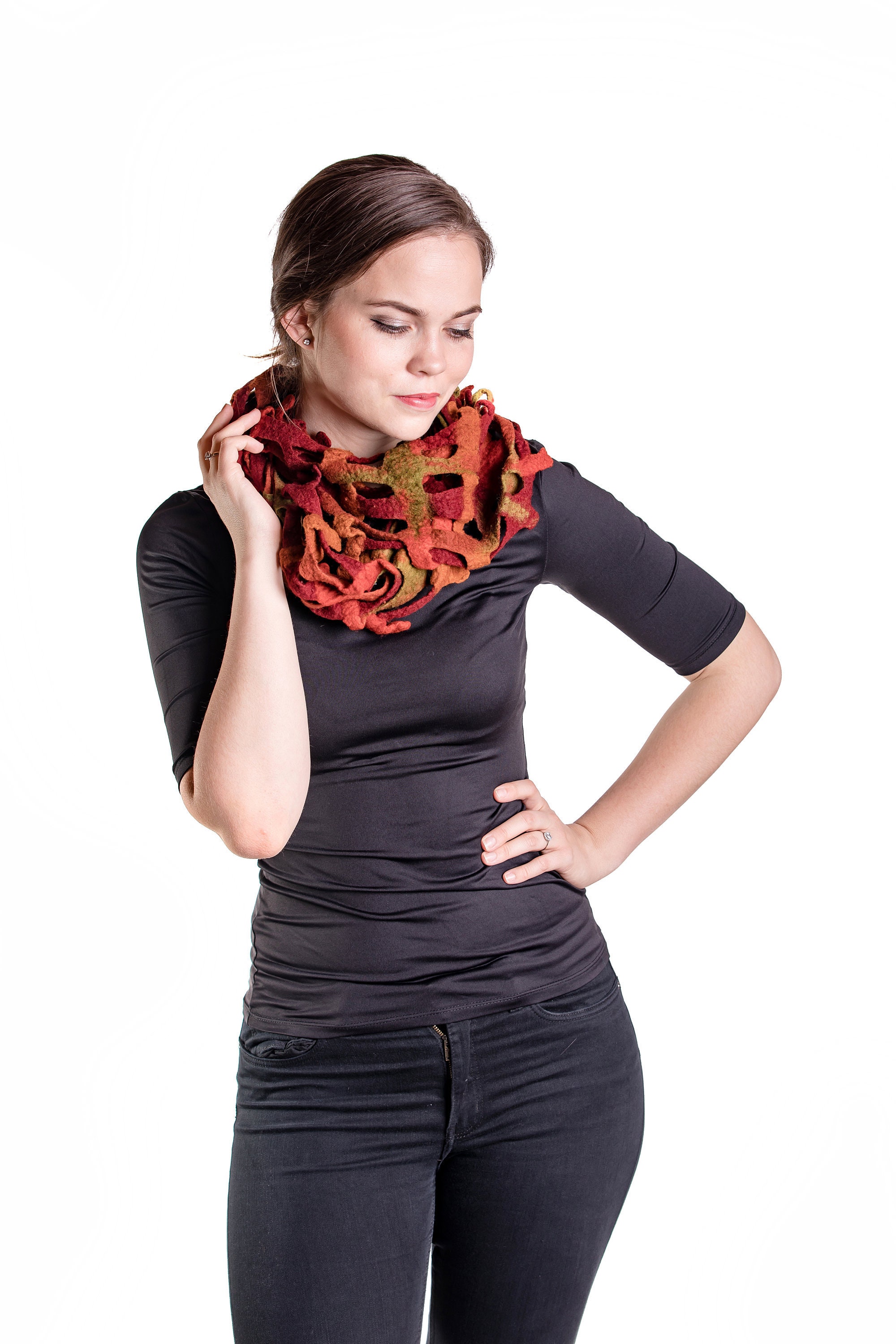 Orange Green wet felt scarf for women, boho Nuno felted wool neck wrap, best friend gift, felted wool scarf gift for wife, urban gift guide