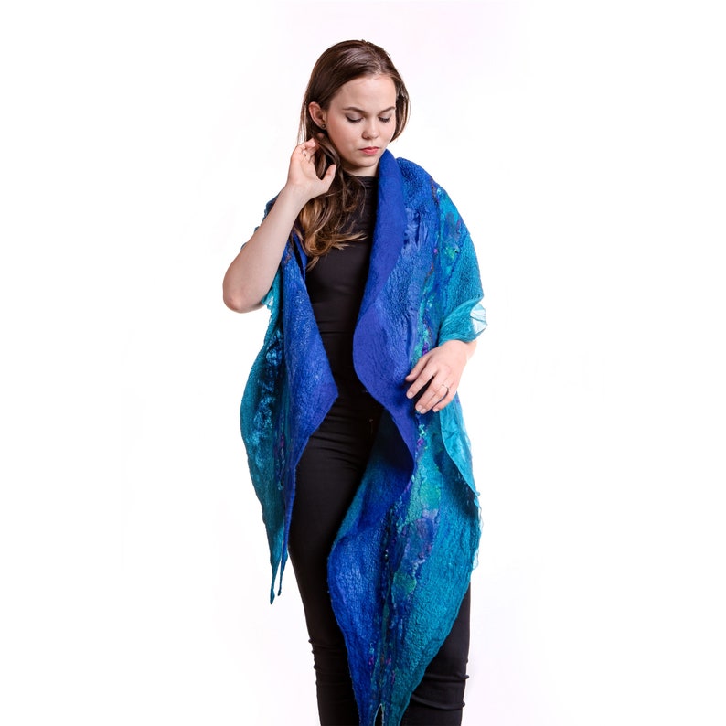 Blauer gefilzter Schal für Frauen, weicher großer Wollschal Nuno gefilzter Schal für den Winter, gefilzter Schal, Wollschal Decke Frauen Bild 3