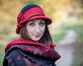 FELTED wool HAT with flower attirement, nuno felted colche hat, Great Gatsby, Downton Abbey style, vintage clothing, merino wool and silk