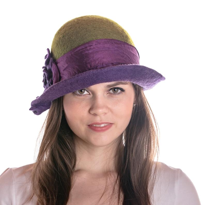 Wool Felt Hat for Women Cloche Hat Purple Green With Flower Etsy Ireland