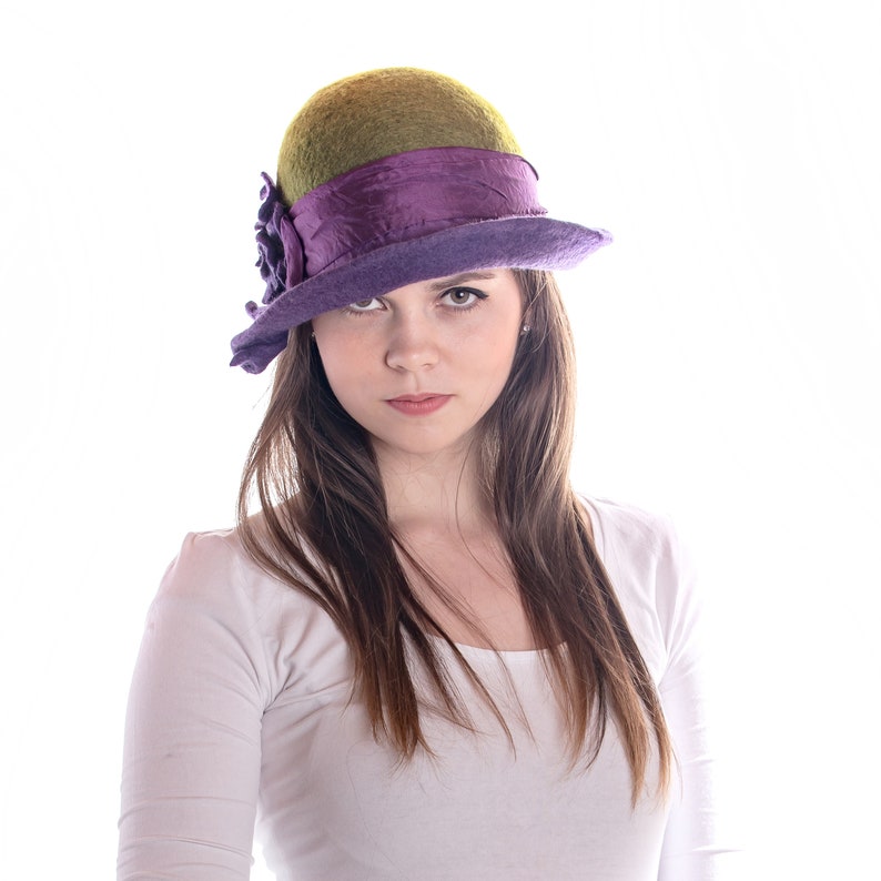 Wool Felt Hat for Women Cloche Hat Purple Green With Flower Etsy Ireland