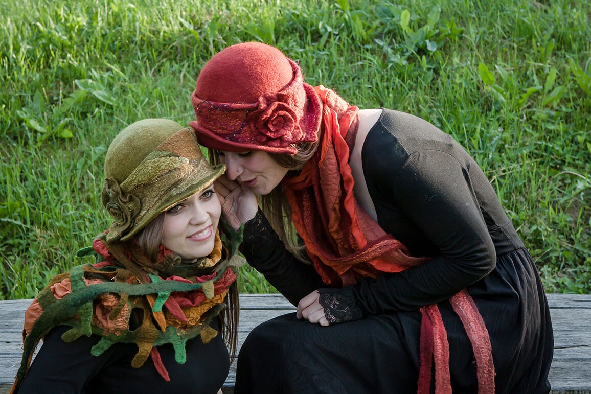Womens felt hat with silk Nuno felted scarf, Vintage Merino wool cloche hat and shawl SET,Nuno wool felt hat,Garden Party Women's formal hat