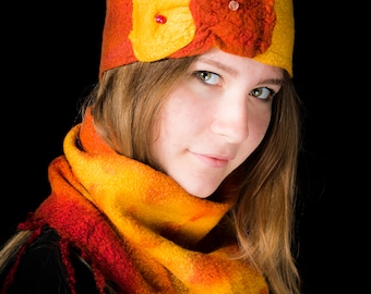 UNIQUE Nuno felted Circle scarf, Orange Yellow warm scarf, Women shawl, wool silk scarf Felt Neckwarmer Collar Christmas gift, Gift under 30